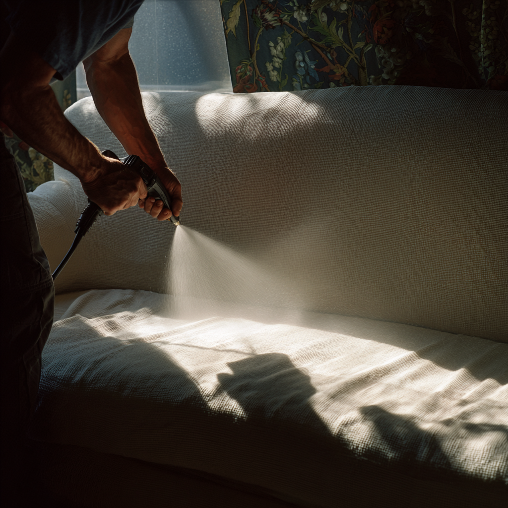 Professional steam cleaning of a sofa in a luxury Airbnb apartment in Paris