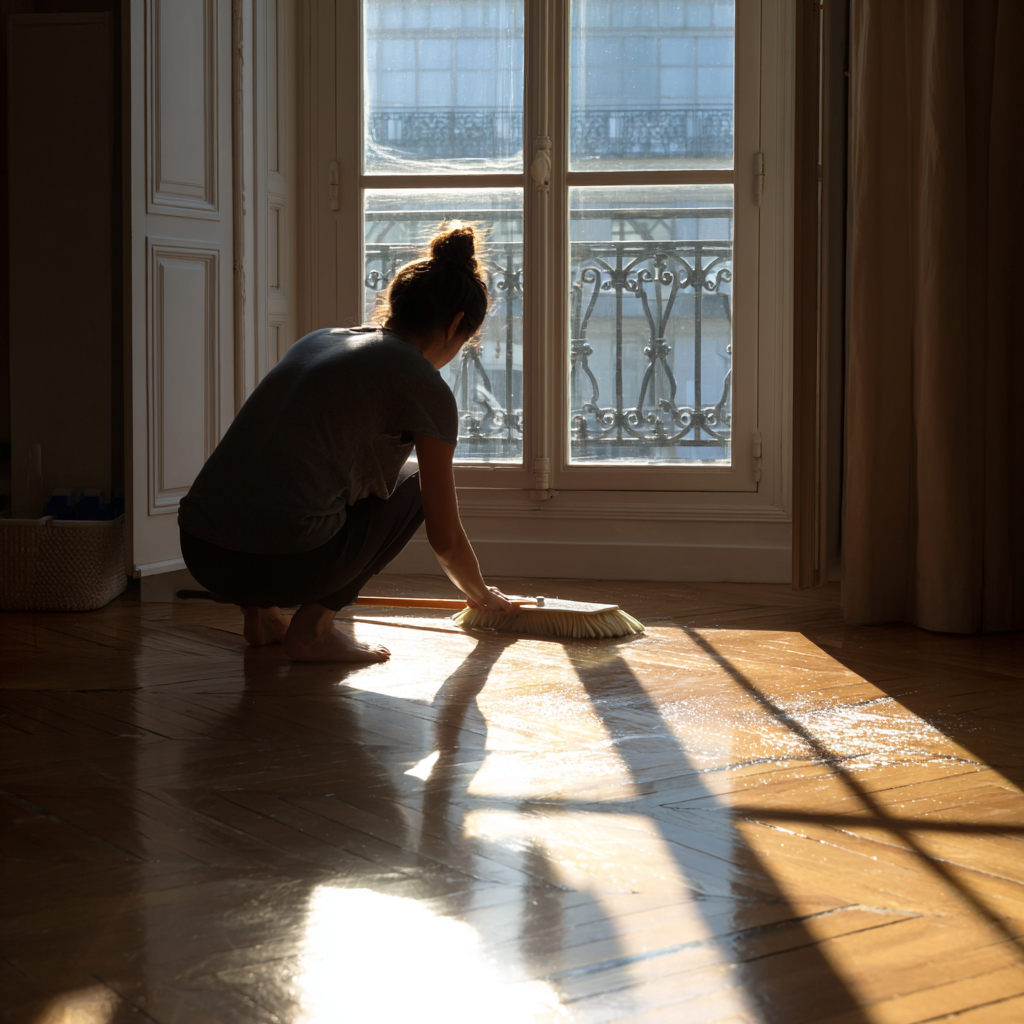 Hardwood floor cleaning in a Haussmann apartment in Paris