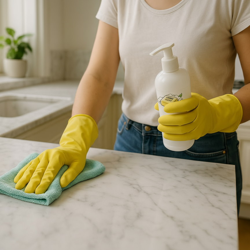 Marble countertop cleaning in a luxury Paris apartment