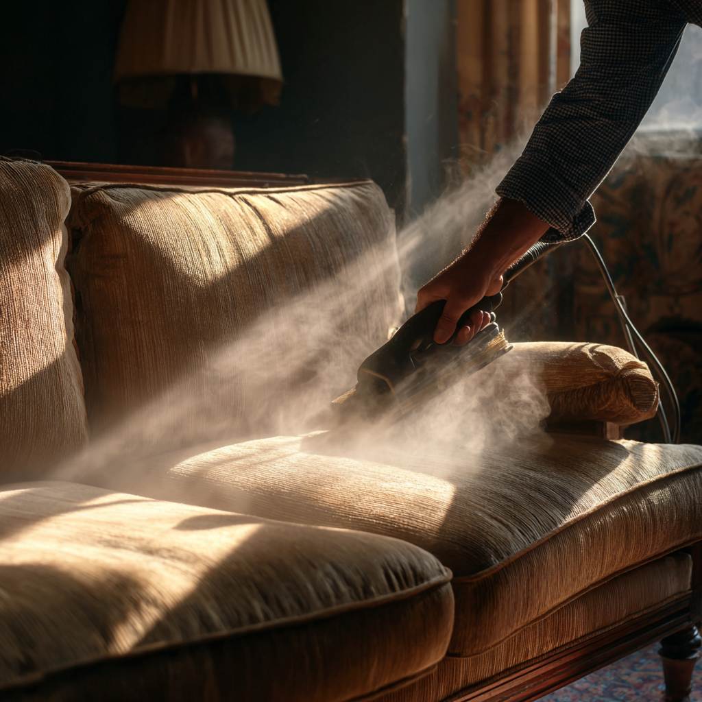 Steam cleaning a sofa after an event in a prestigious Parisian venue