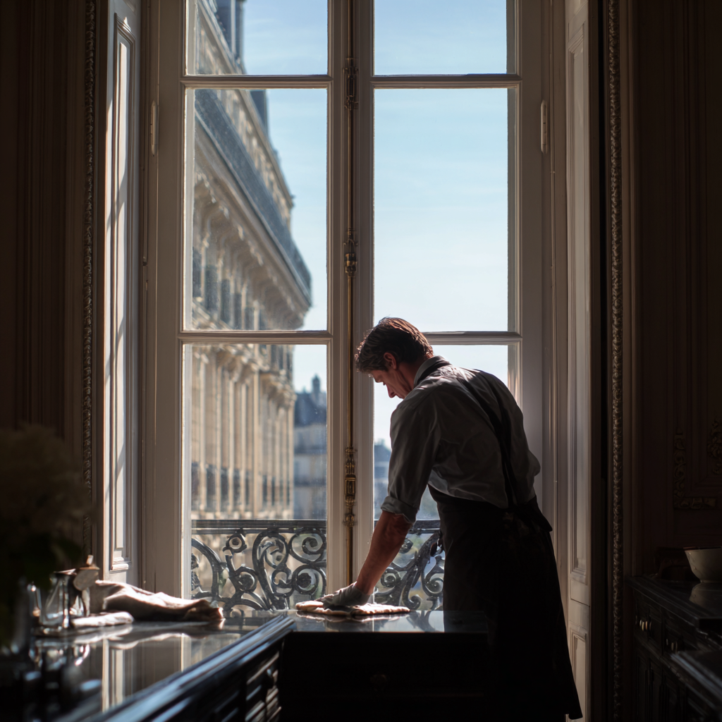Window cleaning in a Haussmann apartment in Paris